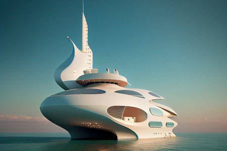 Futuristic yacht, with sleek lines and advanced technology, photorealistic generative ai illustrationの素材