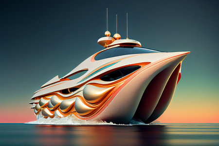 Futuristic yacht, with sleek lines and advanced technology, photorealistic generative ai illustrationの素材