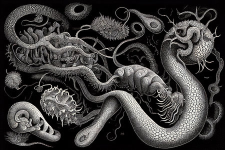 Parasites, worms, closeup view, generative ai illustration in hand drawing vintage styleの素材