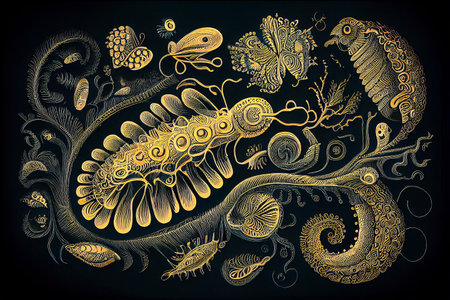 Parasites, worms, closeup view, generative ai illustration in hand drawing vintage styleの素材