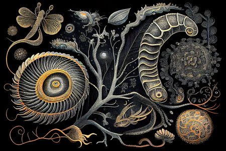 Parasites, worms, closeup view, generative ai illustration in hand drawing vintage styleの素材