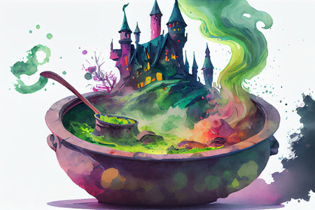 A witch bubbling cauldron, wizardry and magic, ai generated illustration in watercolor styleの素材