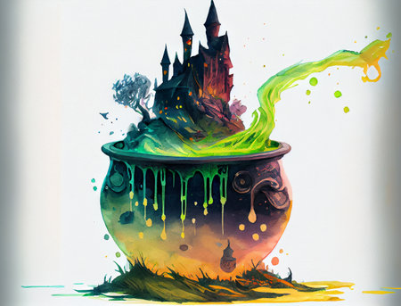 A witch bubbling cauldron, wizardry and magic, ai generated illustration in watercolor styleの素材