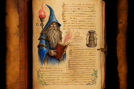 An open page with magic drawing and text in wizard book, generative ai illustrationの素材