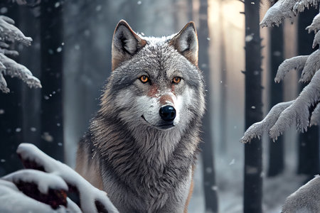 A wolf in a winter forest with snow, generative ai illustration showcasing the animal's natural habitat and its adaptation to the harsh winter environment.の素材