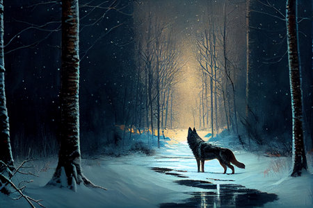 A wolf in a winter forest with snow, generative ai illustration showcasing the animal's natural habitat and its adaptation to the harsh winter environment.の素材