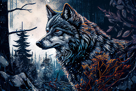 A wolf in a winter forest with snow, generative ai illustration showcasing the animal's natural habitat and its adaptation to the harsh winter environment.の素材
