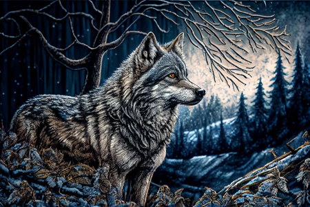 A wolf in a winter forest with snow, generative ai illustration showcasing the animal's natural habitat and its adaptation to the harsh winter environment.の素材