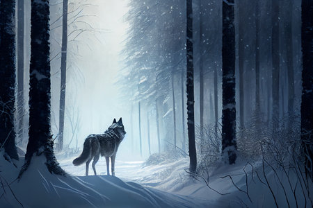 A wolf in a winter forest with snow, generative ai illustration showcasing the animal's natural habitat and its adaptation to the harsh winter environment.の素材