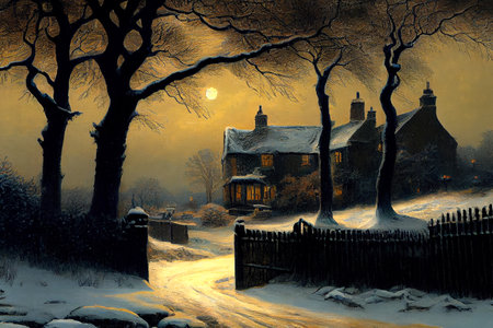 A beautiful night winter scene, with a blanket of snow covering the landscape, ai generated illustration in hand painting styleの素材