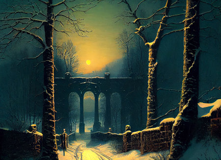 A beautiful night winter scene, with a blanket of snow covering the landscape, ai generated illustration in hand painting styleの素材