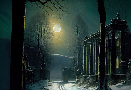 A beautiful night winter scene, with a blanket of snow covering the landscape, ai generated illustration in hand painting styleの素材