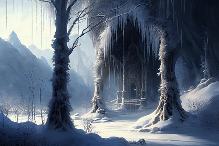 A beautiful winter scene, with a blanket of snow covering the landscape, ai generated illustration in hand painting styleの素材