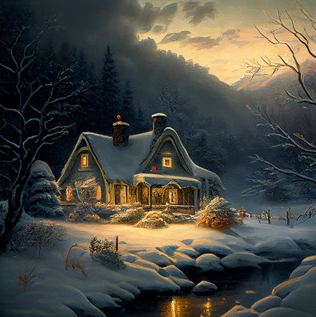 A beautiful night winter scene, with a blanket of snow covering the landscape, ai generated illustration in hand painting styleの素材