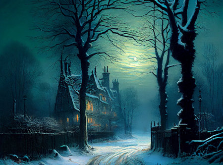 A beautiful night winter scene, with a blanket of snow covering the landscape, ai generated illustration in hand painting styleの素材