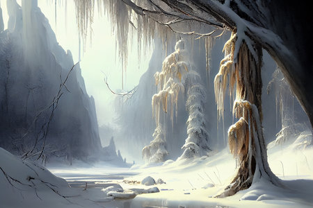 A beautiful winter scene, with a blanket of snow covering the landscape, ai generated illustration in hand painting styleの素材