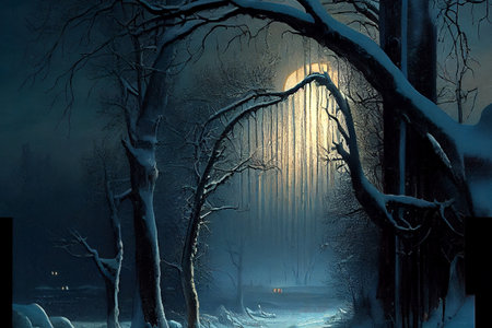 A beautiful night winter scene, with a blanket of snow covering the landscape, ai generated illustration in hand painting styleの素材