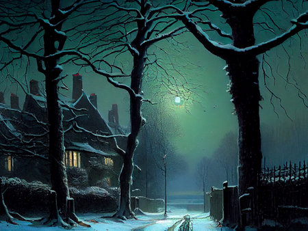 A beautiful night winter scene, with a blanket of snow covering the landscape, ai generated illustration in hand painting styleの素材