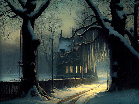 A beautiful night winter scene, with a blanket of snow covering the landscape, ai generated illustration in hand painting styleの素材