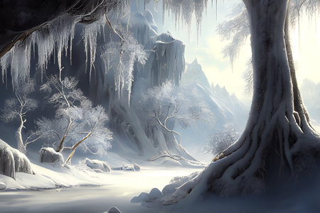 A beautiful winter scene, with a blanket of snow covering the landscape, ai generated illustration in hand painting styleの素材