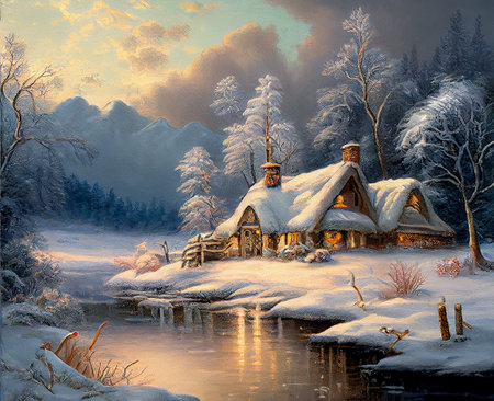 A beautiful winter scene, with a blanket of snow covering the landscape, ai generated illustration in hand painting styleの素材