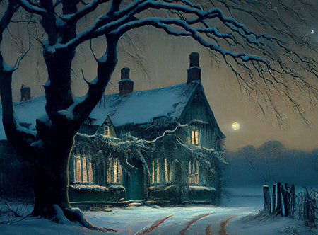 A beautiful night winter scene, with a blanket of snow covering the landscape, ai generated illustration in hand painting styleの素材