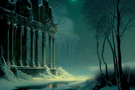 A beautiful night winter scene, with a blanket of snow covering the landscape, ai generated illustration in hand painting styleの素材