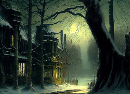 A beautiful night winter scene, with a blanket of snow covering the landscape, ai generated illustration in hand painting styleの素材
