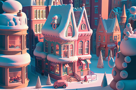 An enchanting winter city in a fairytale land, where every building and street is made of sweets, candies, and other delectable treats, generative ai illustrationの素材