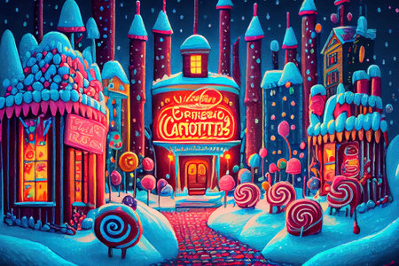 An enchanting winter city in a fairytale land, where every building and street is made of sweets, candies, and other delectable treats, generative ai illustrationの素材
