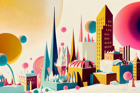 a cityscape made of abstract geometrical shapes, featuring bold lines and vibrant colors, generative ai illustration in 3D styleの素材