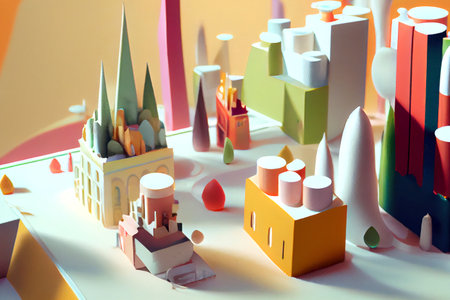 a cityscape made of abstract geometrical shapes, featuring bold lines and vibrant colors, generative ai illustration in 3D styleの素材