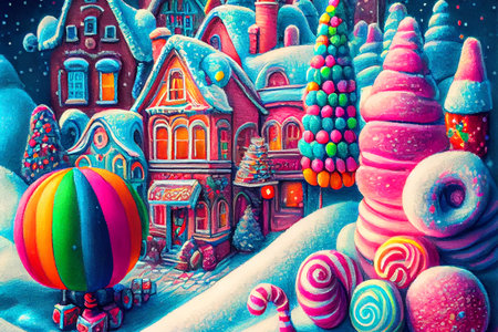 An enchanting winter city in a fairytale land, where every building and street is made of sweets, candies, and other delectable treats, generative ai illustrationの素材