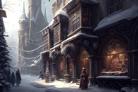 An enchanting winter city in a fairytale land, where every building and street is made of sweets, candies, and other delectable treats, generative ai illustrationの素材