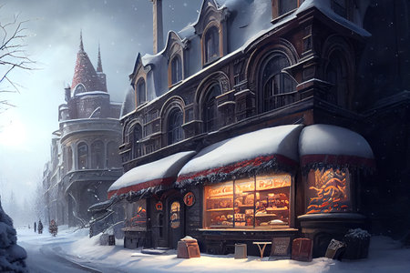An enchanting winter city in a fairytale land, where every building and street is made of sweets, candies, and other delectable treats, generative ai illustrationの素材