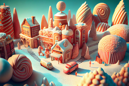 An enchanting winter city in a fairytale land, where every building and street is made of sweets, candies, and other delectable treats, generative ai illustrationの素材