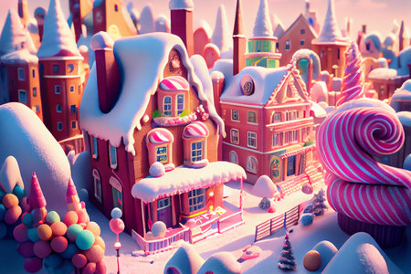 An enchanting winter city in a fairytale land, where every building and street is made of sweets, candies, and other delectable treats, generative ai illustrationの素材
