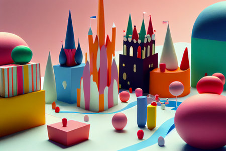 a cityscape made of abstract geometrical shapes, featuring bold lines and vibrant colors, generative ai illustration in 3D styleの素材