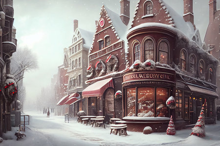 An enchanting winter city in a fairytale land, where every building and street is made of sweets, candies, and other delectable treats, generative ai illustrationの素材