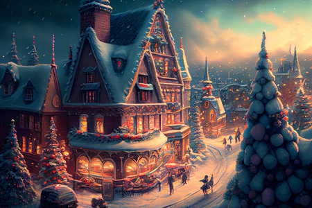An enchanting winter city in a fairytale land, where every building and street is made of sweets, candies, and other delectable treats, generative ai illustrationの素材