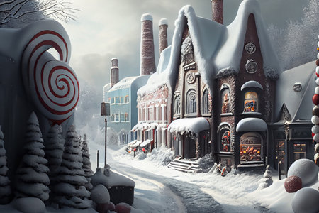 An enchanting winter city in a fairytale land, where every building and street is made of sweets, candies, and other delectable treats, generative ai illustrationの素材