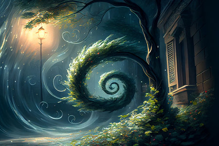 A wind causing a swirl of green leaves to dance in the air, generative ai illustrationの素材