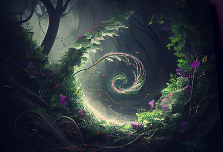 A wind causing a swirl of green leaves to dance in the air, generative ai illustrationの素材