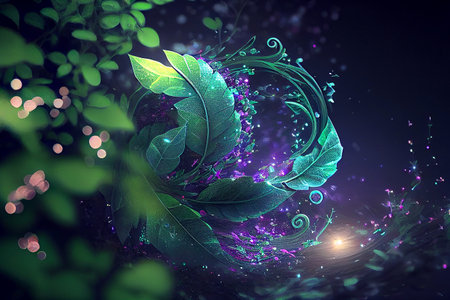 A wind causing a swirl of green leaves to dance in the air, generative ai illustrationの素材