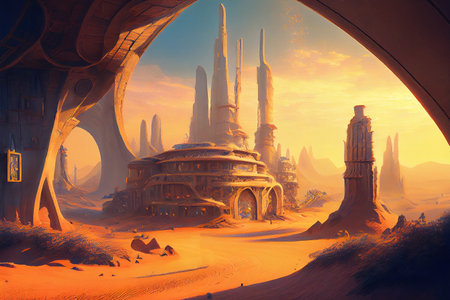 A futuristic city in a desert with towering sand dunes and intricate architecture, ai generated illustration. The use of vibrant colors and intricate details creates a dreamlike, otherworldly atmosphereの素材