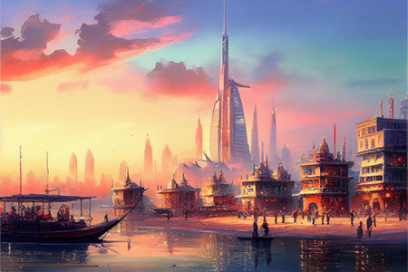 A futuristic city in a desert showcasing a vibrant and thriving metropolis, ai generated illustration. The use of vibrant colors and intricate details creates a dreamlike, otherworldly atmosphereの素材
