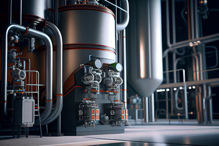 A futuristic factory designed for beer production, ai illustration. The facility boasts sleek, modern architecture and state-of-the-art equipment that ensures high-quality, efficient brewing.の素材