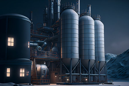 A futuristic factory designed for beer production, ai illustration. The facility boasts sleek, modern architecture and state-of-the-art equipment that ensures high-quality, efficient brewing.の素材