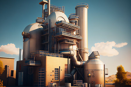 A futuristic factory designed for beer production, ai illustration. The facility boasts sleek, modern architecture and state-of-the-art equipment that ensures high-quality, efficient brewing.の素材