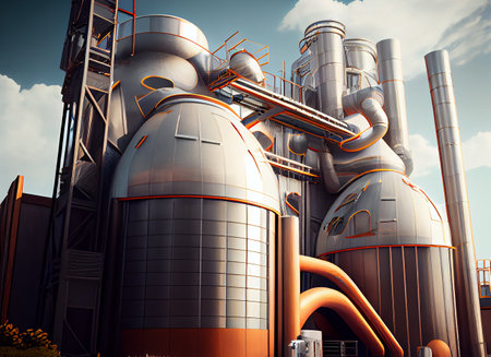 A futuristic factory designed for beer production, ai illustration. The facility boasts sleek, modern architecture and state-of-the-art equipment that ensures high-quality, efficient brewing.の素材